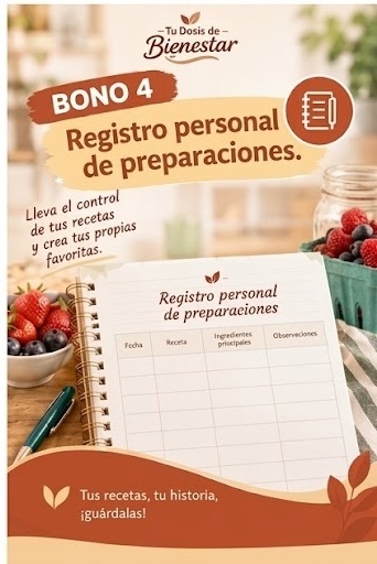 Mockup del bono «Registro personal de preparaciones», con una tabla de fecha, receta, ingredientes principales y observaciones
