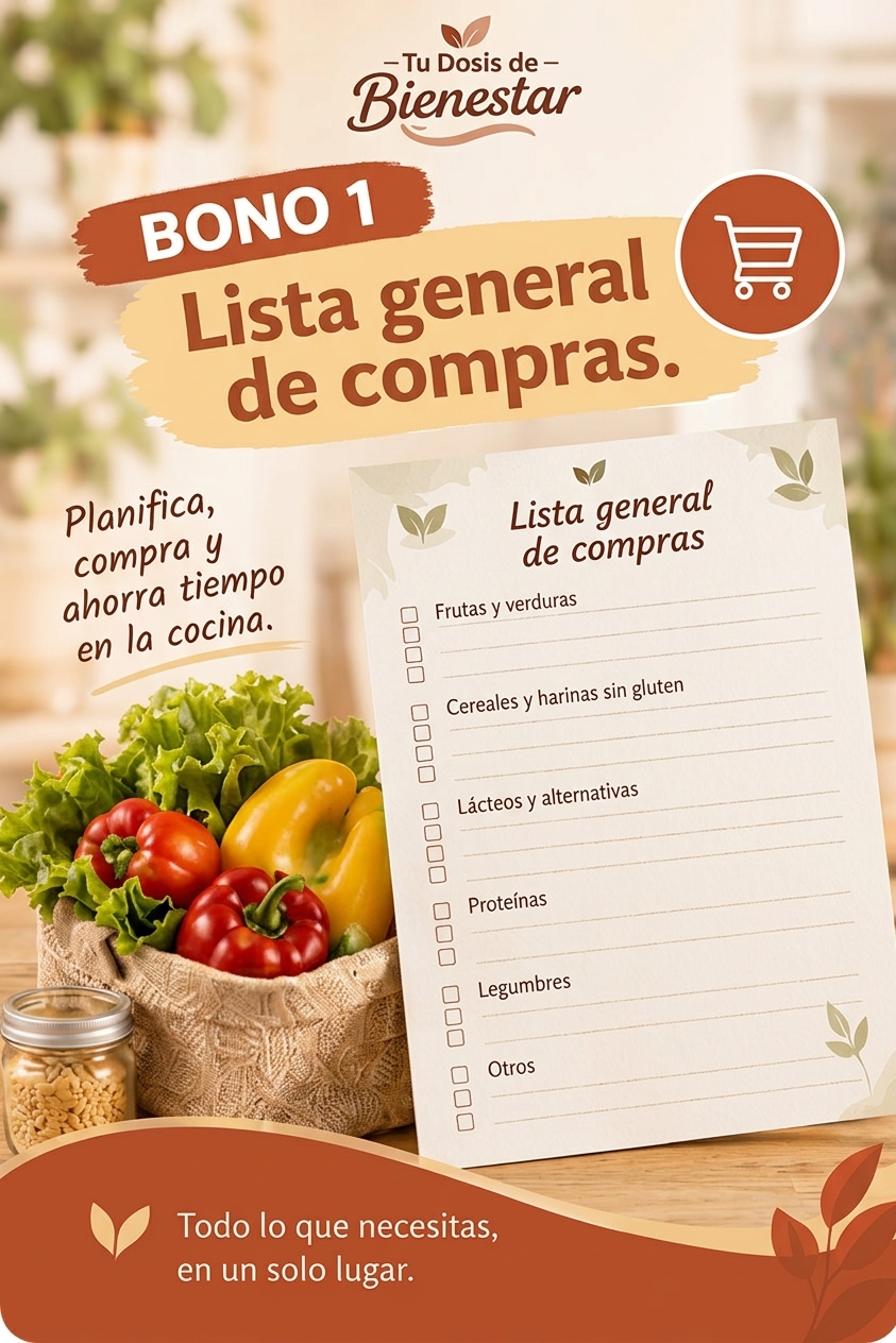 Mockup del bono «Lista general de compras», organizada por secciones: frutas y verduras, cereales y harinas sin gluten, lácteos y alternativas, proteínas, legumbres y otros