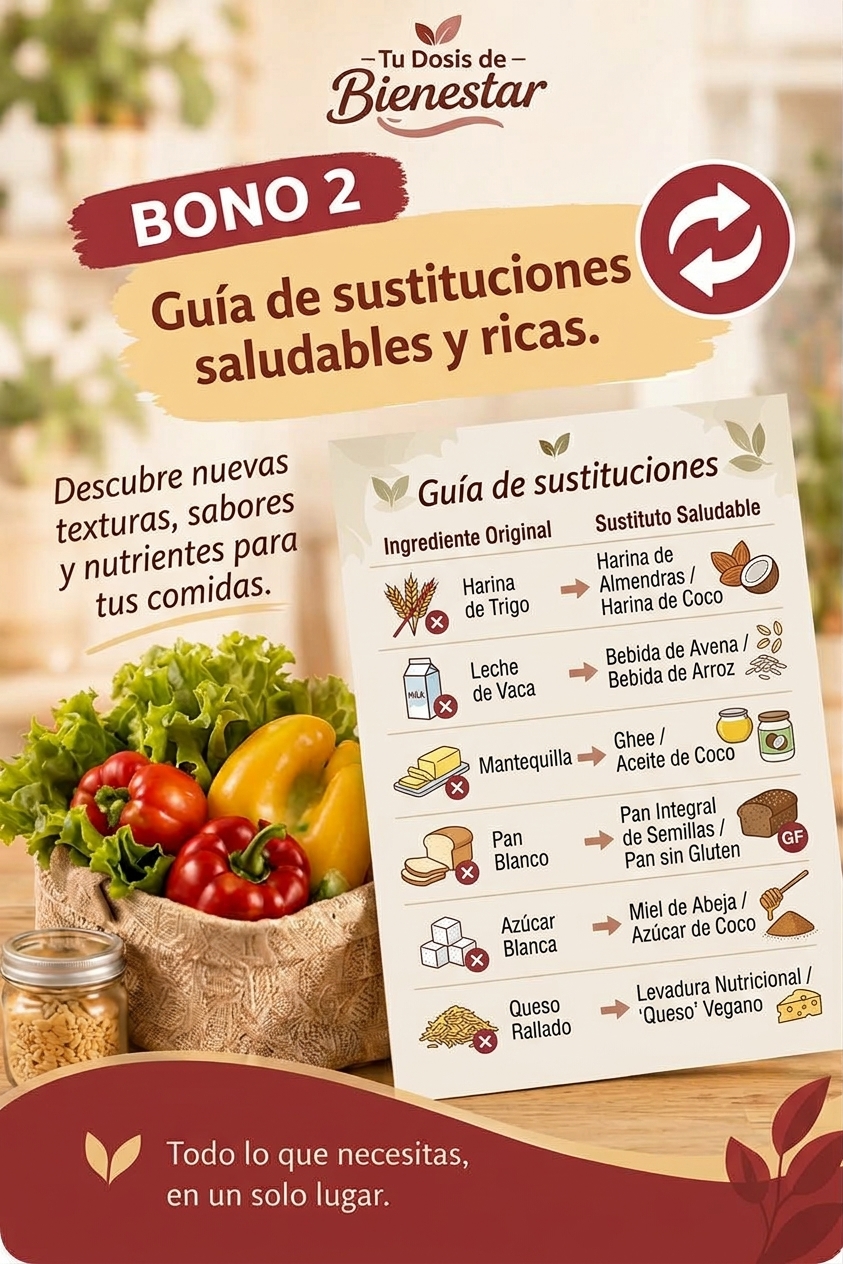 Mockup del bono «Guía de sustituciones», con la tabla de ingrediente original y sustituto: harina de trigo, leche de vaca, mantequilla, pan blanco, azúcar blanca y queso rallado