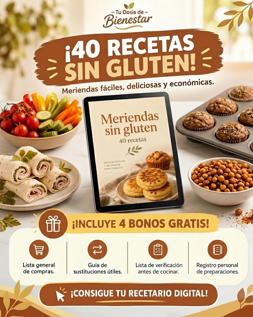 Portada del recetario digital «Meriendas sin gluten» de Tu Dosis de Bienestar: tableta con la portada del recetario rodeada de meriendas listas — rollitos de wrap, tiras de pepino y pimiento, muffins y garbanzos tostados — más los 4 bonos incluidos